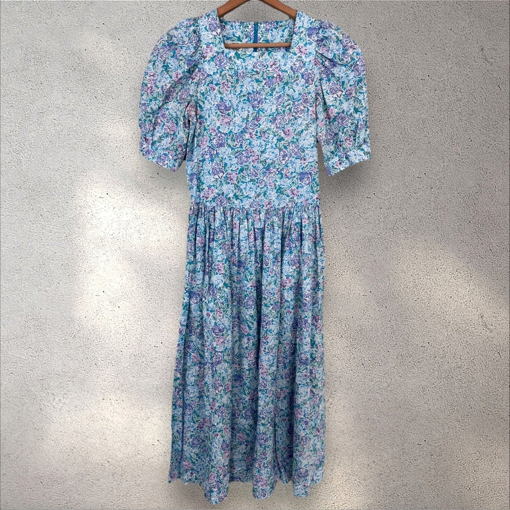 Vtg LAURA ASHLEY Floral Puff Sleeve Square Neck Cotton Cottagecore Dress Sz US 6 - Picture 2 of 8